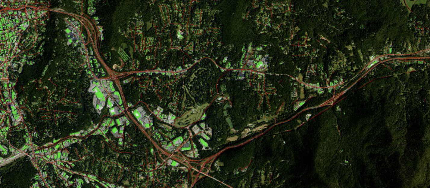 Overlay of building and road segmentation using our novel Deep Learning based approach on pre- hurricane Helen satellite imagery.